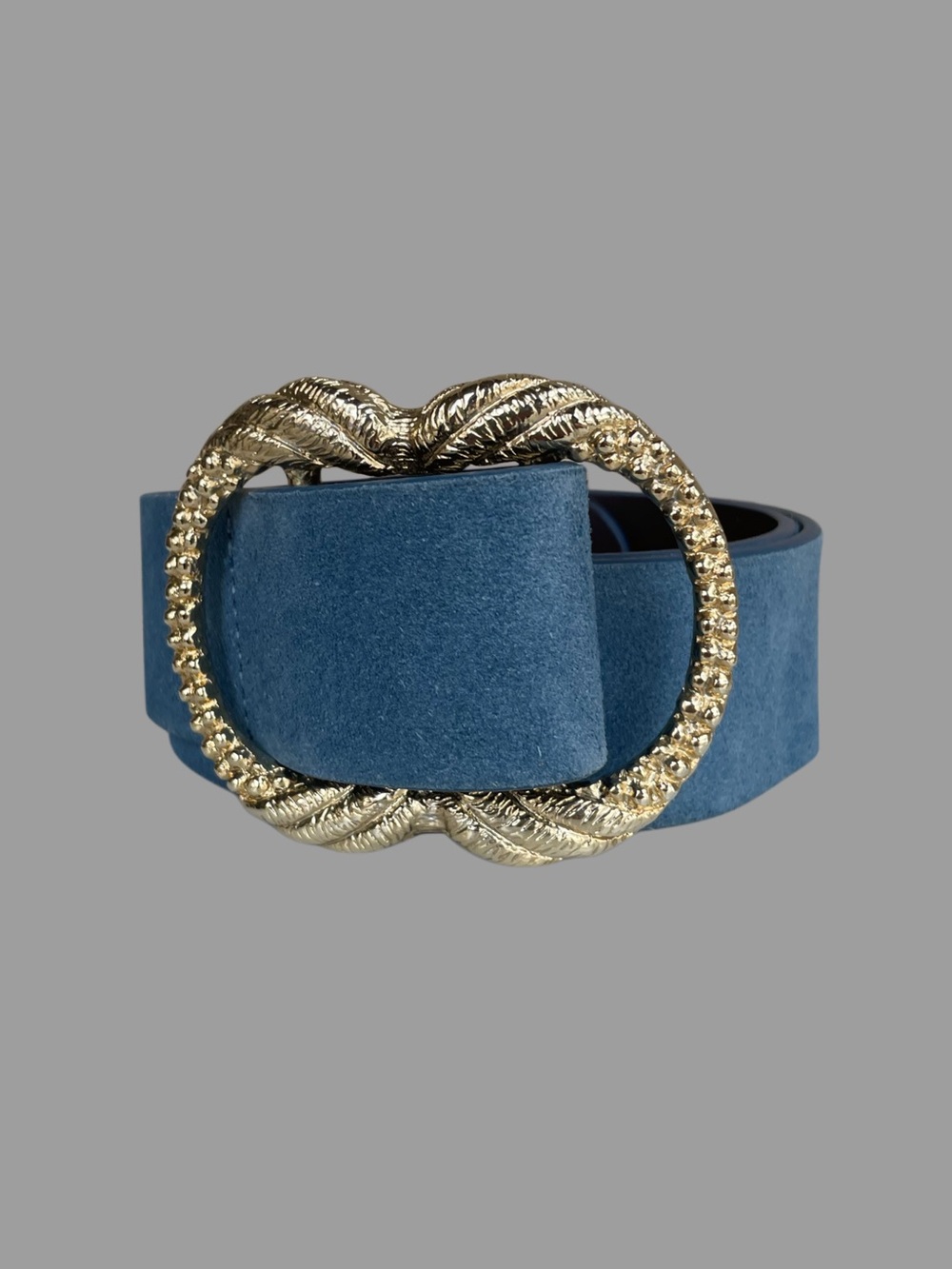 SEZANE Classic Blue Suede Leather Artemis Belt w/ Engraved Gold Brass Buckle - Picture 4 of 14